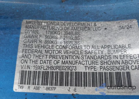 2024 Honda Civic Sport from USA, damaged, VIN 19XFL2H80RE029073